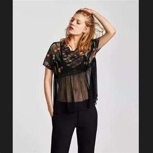 ZARA BASIC COLLECTION top M black sheer mesh embroidered babydoll shirt floral